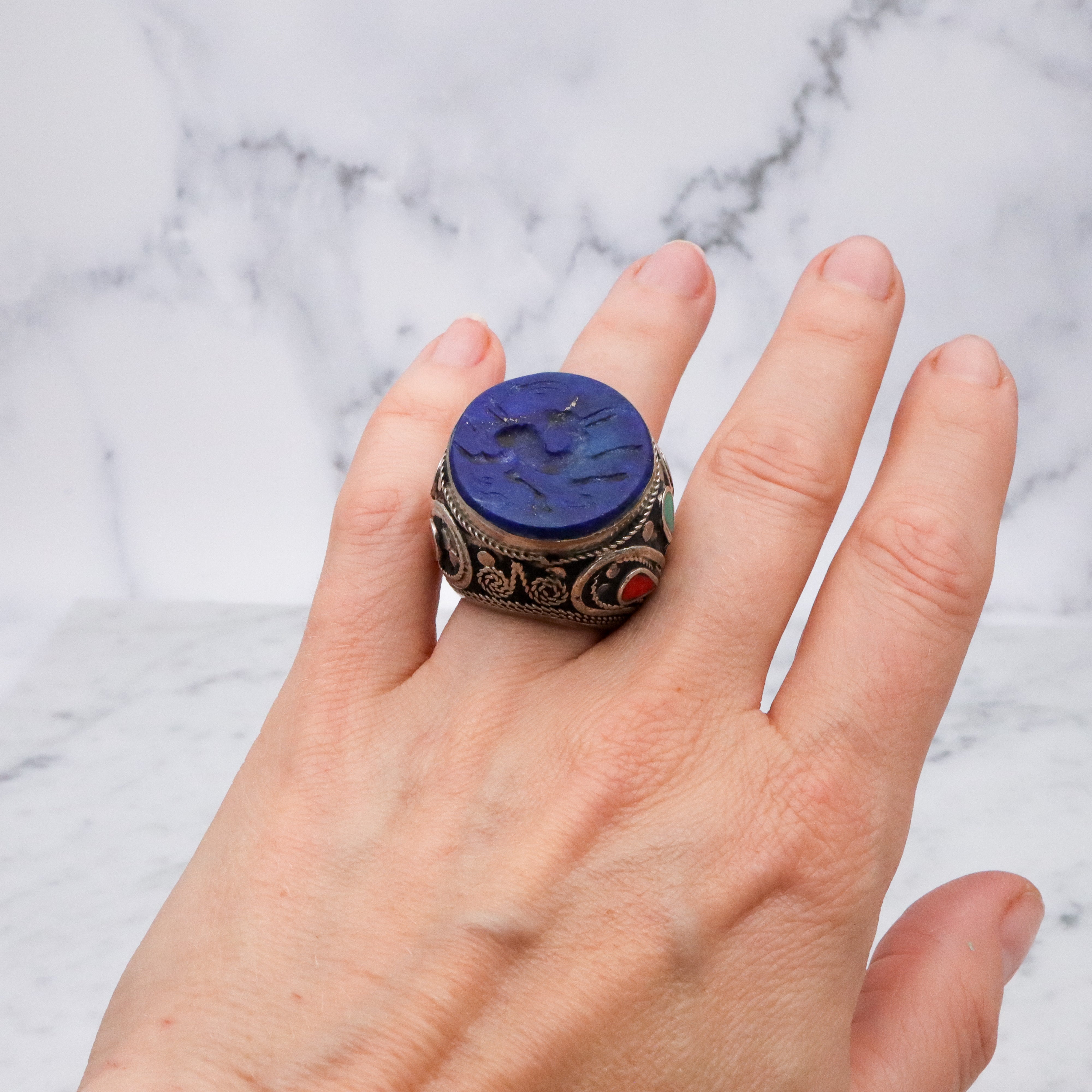 Vintage Afghan tribal silver lapis intaglio ring, size 5.5